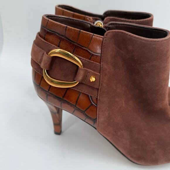 VINCE CAMUTO Selmente Boots SZ 8.5 NWOT Brown Suede Gold Heel Bootie Zipper Croc - Picture 3 of 15